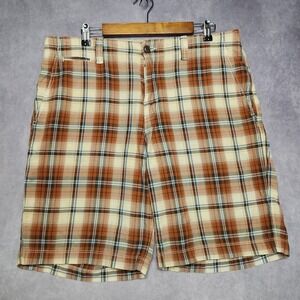 Gap Mens Plaid Shorts Size 36 Orange Tan Brown Cotton Flat Front Summer Casual